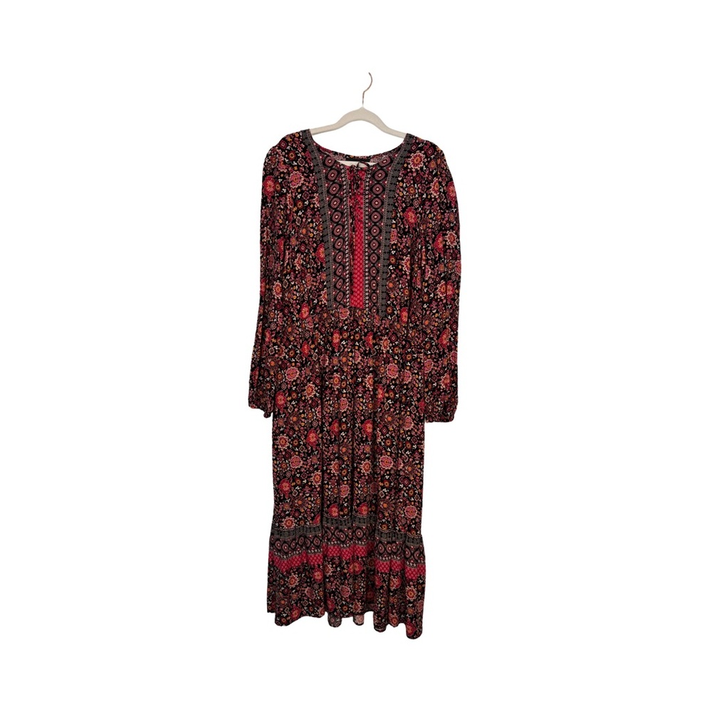 Lane Bryant Floral Print Midi Dress Long Sleeve Ruffled Hem Size 18 Black & Pink